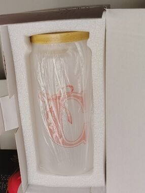 White Frosted Glass Jar with Coral Monogram and Bamboo Lid